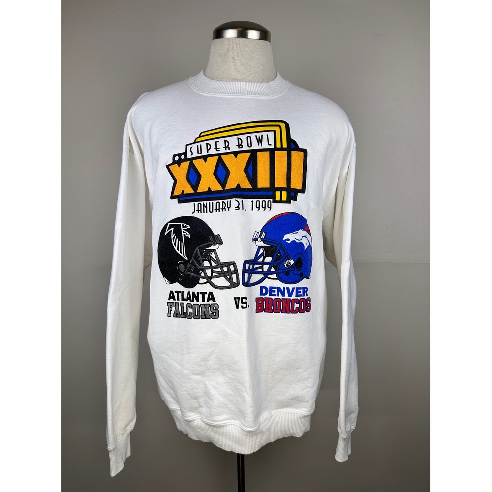 Super Bowl XXXIII Sweatshirt XL White Excellent 1999 NFL Falcons vs Broncos